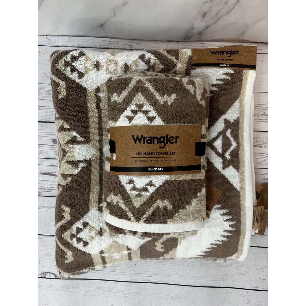 Wrangler 4 Piece Towel Set Southwestern Geometric Brown Tan Bath & Hand Towels